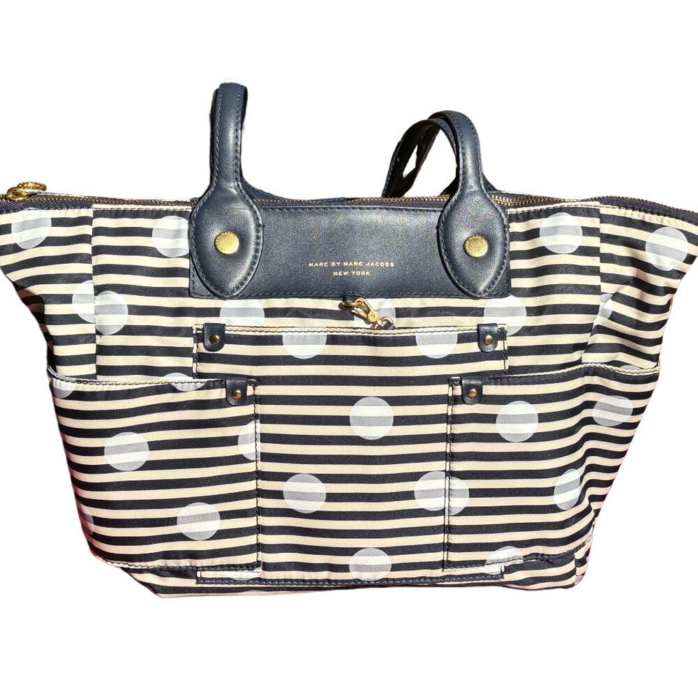 Marc by Marc Jacobs white and navy striped polka dot shoulder bag